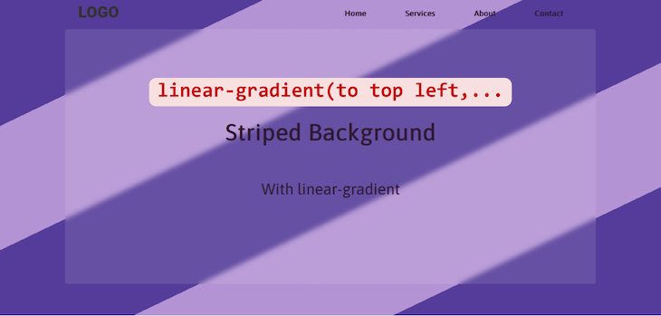 Striped Background With Alternating Light and Dark Purple Stripes Angled To Top Left With Css Linear Gradient