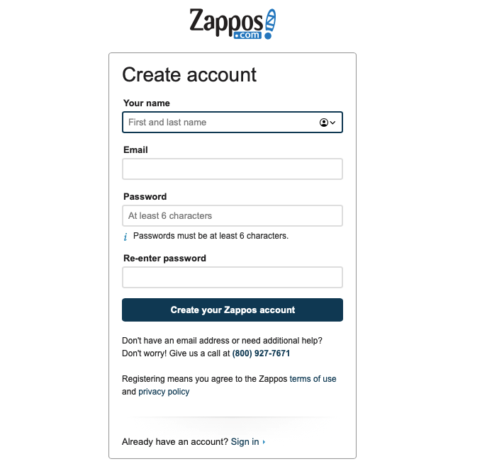 Zappos Create Account