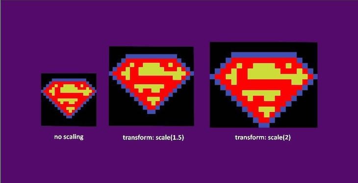 Superman Crest Pixel Art Shown With No Scaling, With A Scaling Factor Of 1.5, And With A Scaling Factor Of 2