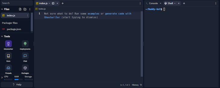 Replit Layout With Three Sections Horizontally From Left To Right: Project File Structure, Editor, Terminal And Console With Previews