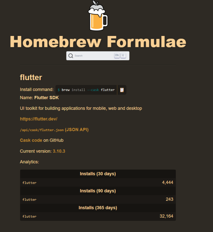 Homebrew Search Results And Details For Flutter Sdk