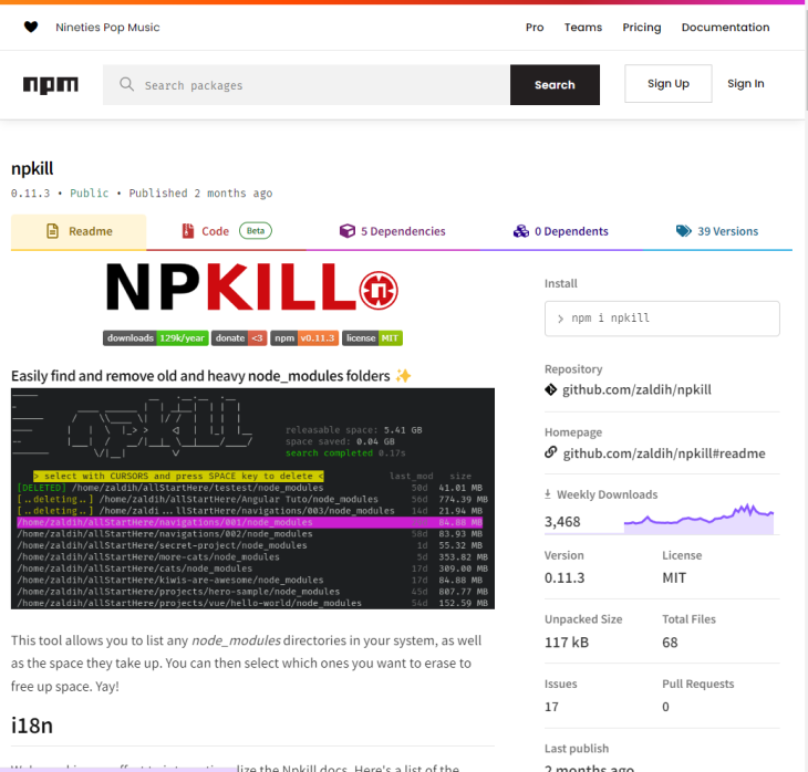 Search Results For Npkill Package On Npm