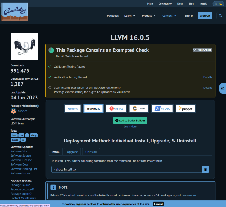 Chocolatey Package Explorer With Llvm Package Information Displayed