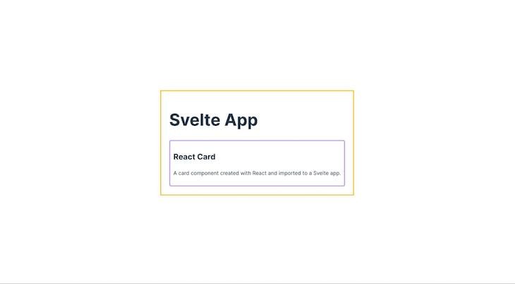 Simple React In Svelte App Built With Sveltris Showing Svelte Component In Yellow Box Housing React Card Component In Purple Box