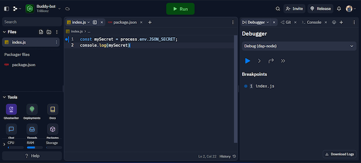 Replit Debugger Demo With Breakpoint Set At Line One
