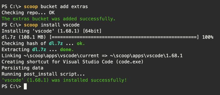 Terminal Output Of Installing Vs Code Via Scoop