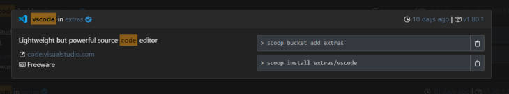 Package Details For Vs Code Package Search Result On Scoop Webpage