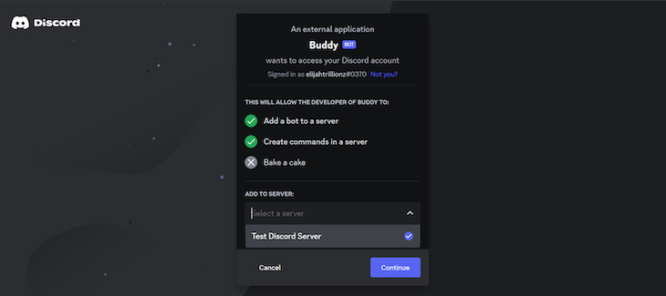 Modal For Inviting Bot To Discord Server With Listed Permissions And Text Box For Server Name