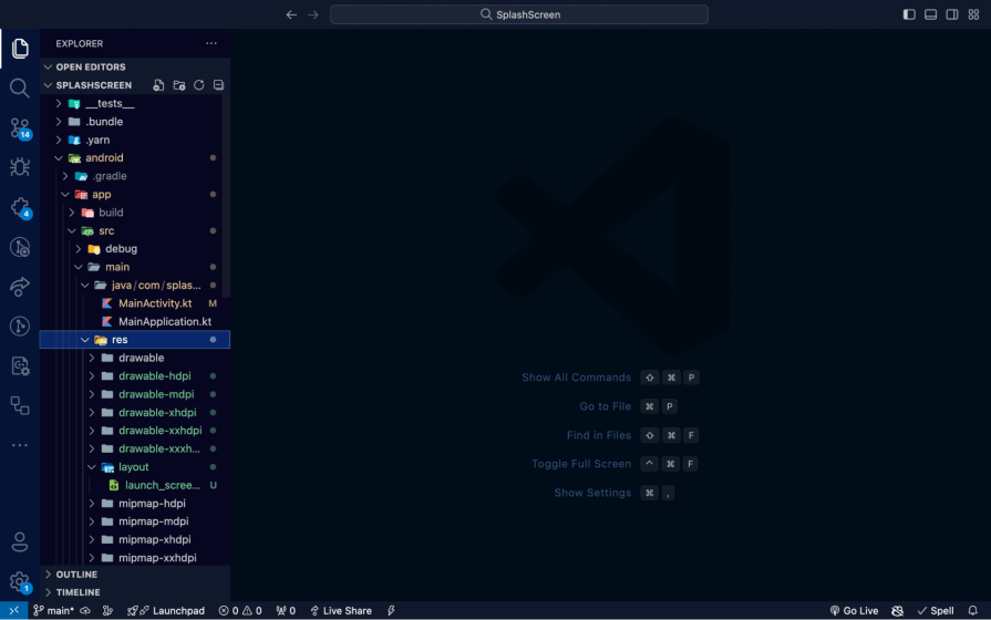 React Native splash screen project structure in Android Studio showing the res and layout folders in Visual Studio Code.