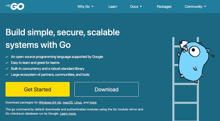 Go Language Homepage Describing Benefits Of Go With Buttons To Get Started, Download For Different Systems, And Learn More
