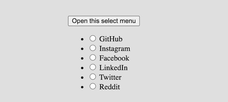 Select Dropdown Creating Using Button Element Containing Span With Group Of Radio Buttons To Represent List Of Options