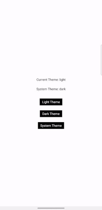 Mobile App Screen Showing Text Describing App Theme And System Theme Above Three Stacked Buttons For Switching Between Light Theme, Dark Theme, And Matching System Theme. User Shown Exiting App To Show Selected State Persisting After Closing App