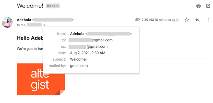 Screenshot of Nodemailer Email With Another Address on CC