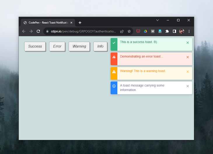 react toast notifications homepage
