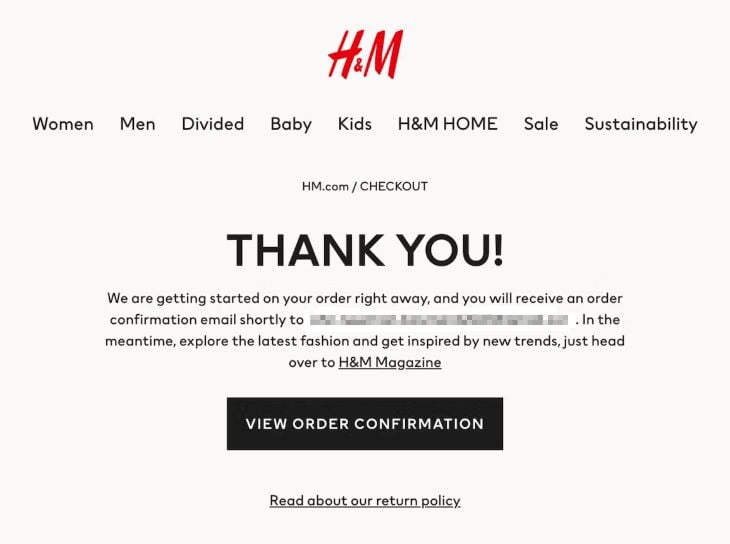 H&M Checkout Confirmation