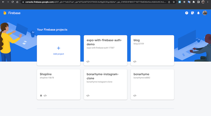 Firebase Web App Showing Six Cards In Two Rows Of Three. Cards Show Options For Working On A Firebase Project. Top Left Card Shows Option To Create New Project
