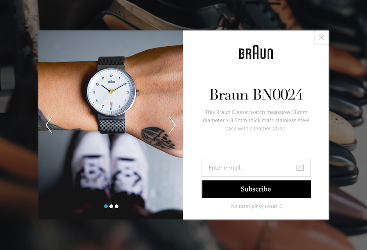 Example Of Modal Dialogs Showing Newsletter Subscription Prompt For Braun Wristwatches Displayed Over Demo Site With Text Input For Email, Button To Subscribe, And Button To Close Modal