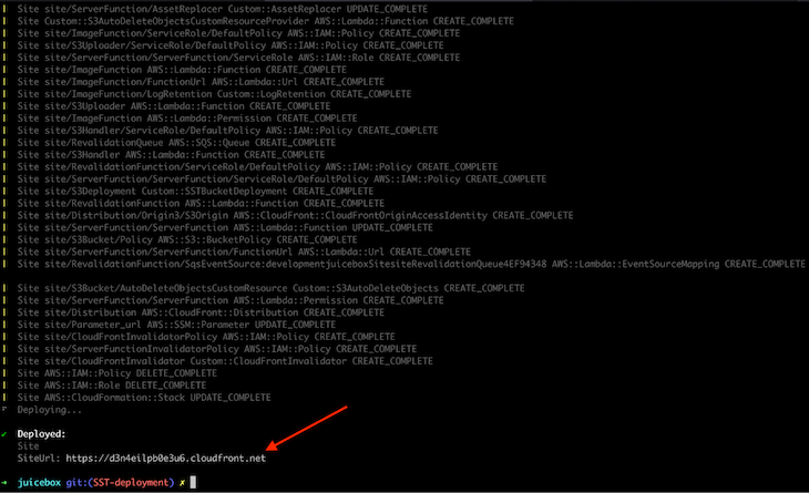 Developer Terminal With Red Arrow Pointing To App Url Output By Opennext Using Cloudfront Cdn To Cache Static Content