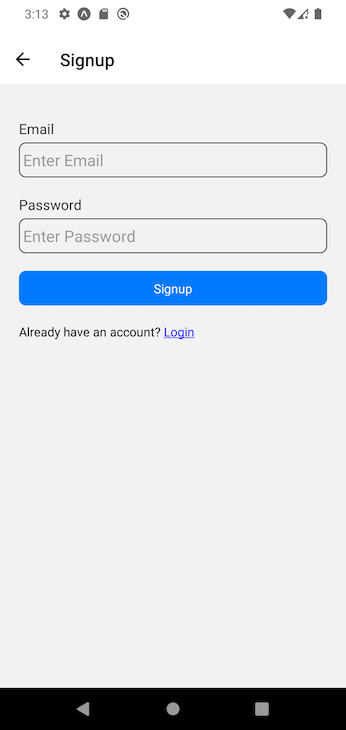 React Native Demo App Signup Screen With Fields To Enter Email And Password Above Button To Sign Up. User Also Shown Option To Login If Account Already Exists