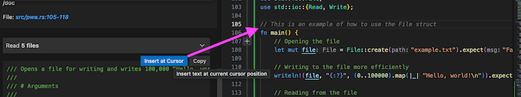 Pink Arrow Pointing To Show How To Direct Cody To Insert Generated Documentation At Cursor In Code Block