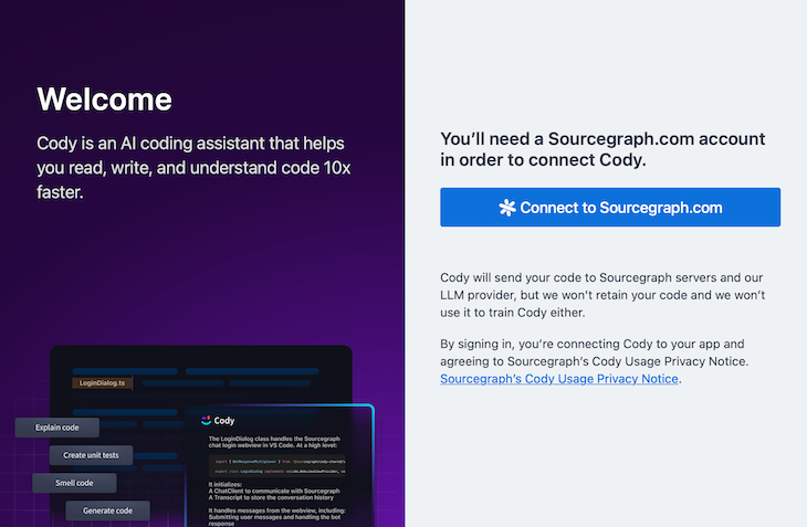 Cody Ai Welcome Message With Prompt To Connect To Sourcegraph Account And Information About Data Usage