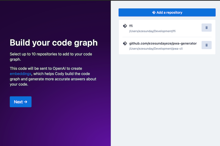 Cody Ai Code Graph With Two Added Repositories And Button To Add More