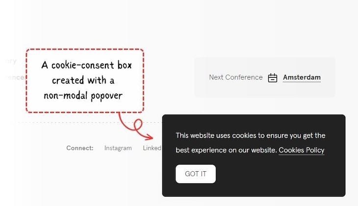 Example Of Non Modal Dialogs From Awwwards Website. Red Box With Text And Arrow Pointing To Non Modal Dialog Describes Cookie Consent Box Created With Non Modal Popover Informing User About Cookie Use On Site With Link To Policy. User Is Not Restricted From Using Site While Non Modal Dialog Is Displayed