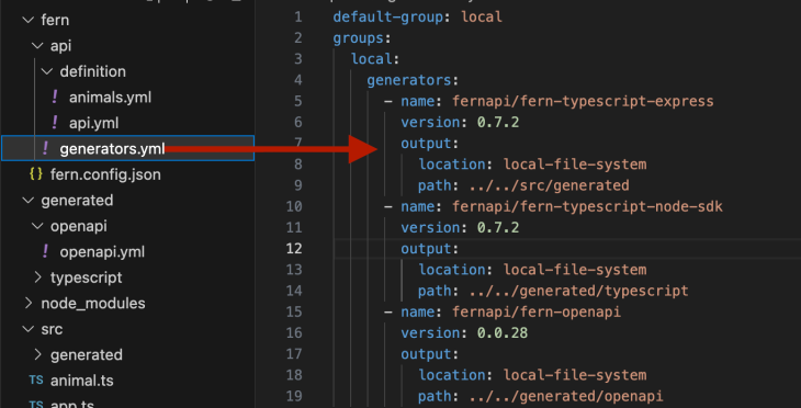 Developer Console With Red Arrow Pointing To List Of Desired Outputs In Generator Yaml File