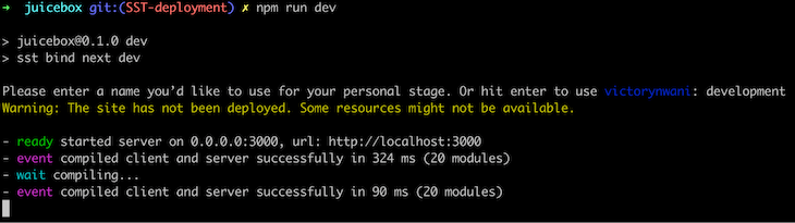 Developer Terminal Showing Sst Cli Prompt To Provide Name For Default Stage