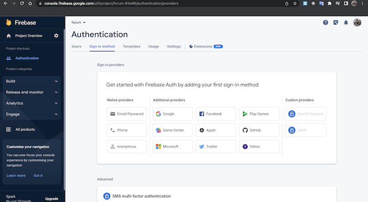 Firebase Authentication Options Selection Screen Showing Three Native Providers, Nine Additional Providers, And Two Custom Providers