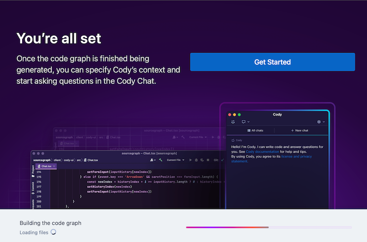 Cody Ai Displaying Build Process For Code Graph And Button To Get Started In The Meantime