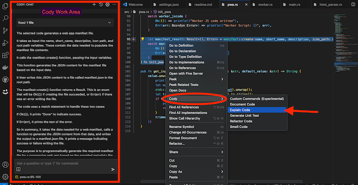 Screenshot Of Cody Ai Usage In Vs Code Editor After Right Clicking And Extending Submenu Items