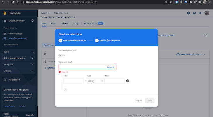 Cloud Firestore Setup Modal Showing Flow To Start A Collection. Field For Document Id Is Highlighted Red And Shows Option To Generate Auto Id Through Firebase