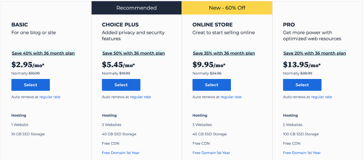 Bluehost Pricing Page