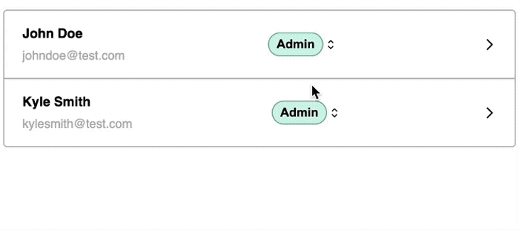 Demo Of Popover Built From Scratch In React Showing Two Dummy Users With Option To Set Role As Admin Or User. Mouse Shown Clicking On Each Button To Open Popover To Set Role