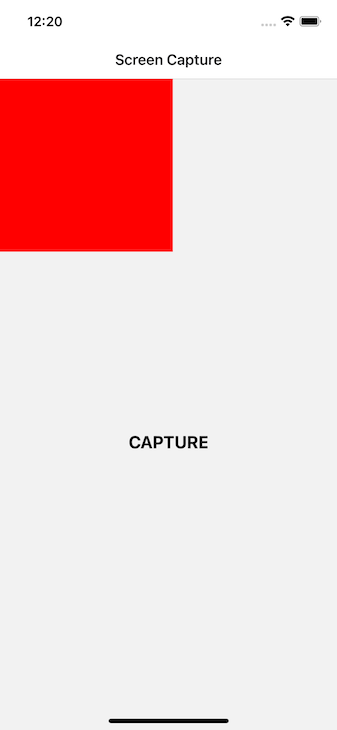 Simple React Native App Showing Viewshot Component With Red Square Block At Top Left. Below Is A Text Button Labeled Capture To Take Screen Capture Of Viewshot Component