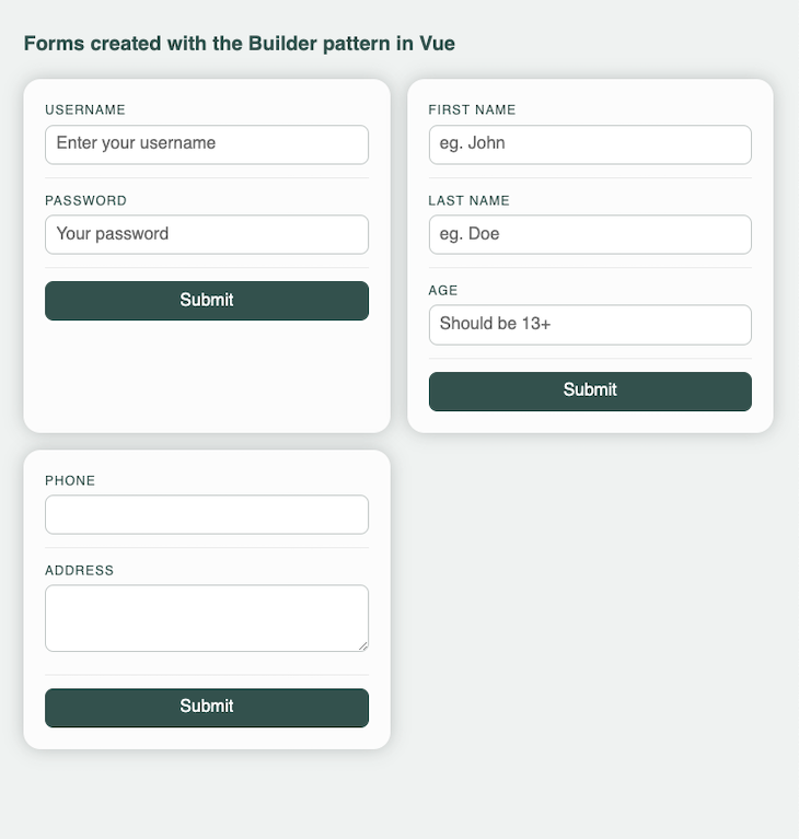 Three Forms Created Using Builder Design Pattern In Vue