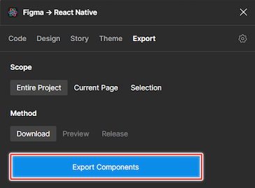 Selected Export Settings For Figma → React Native Plugin