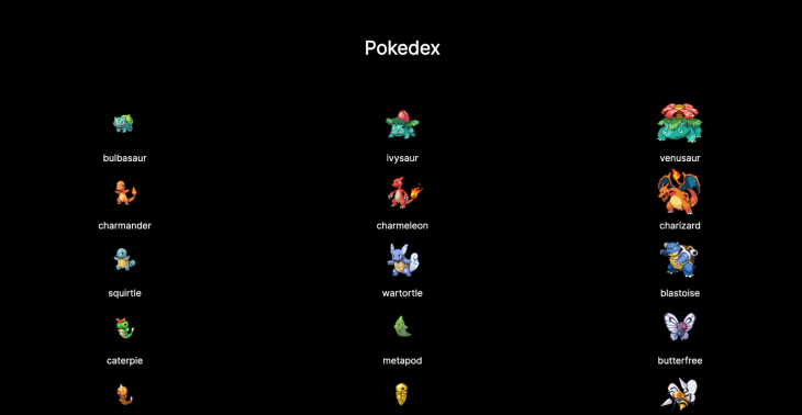 Screenshot Of Simple Pokedex Created Using Tanstack Query Showing Three Columns And Many Rows Of Pokemon Names And Images