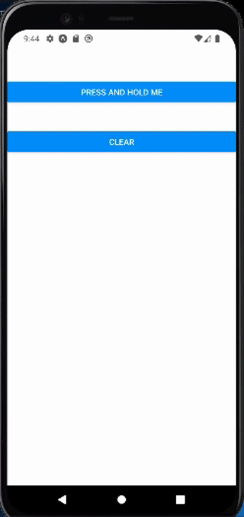 Demo Of React Native Long Press Gesture Handler. User Shown Pressing And Holding Button To Trigger Text Appearance With Button To Clear State Below