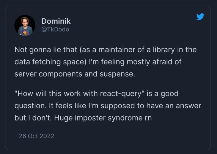 Tweet From Tanstack Query Core Team Member Dominik Expressing Concern Over How Server Components And React Suspense Will Work With React Query
