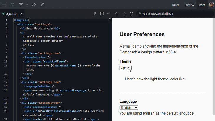 Demo Of Composable Design Pattern In Vue With Various Composables Put Together To Create A List Of User Preferences To Set. User Shown Toggling Various Preference Settings, Including Changing Light To Dark Theme, Changing Language From English To Hindi, Then German, Then Japanese, And Enabling And Disabling Notifications