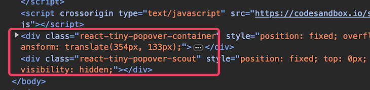 Browser Dev Tools Open To Show Popover Content Outside Dom Context And Appended To Document Body, Which React Tiny Popover Library Does By Default