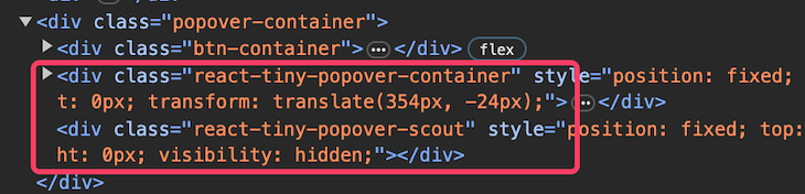 Browser Dev Tools Open To Show Popover Now Attached To Container Element Instead Of Body Element