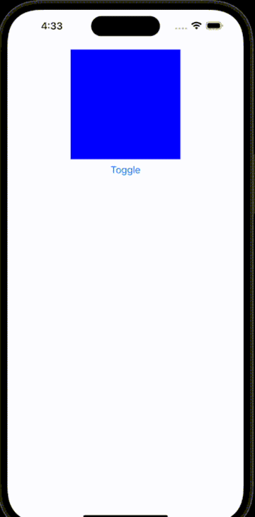 Demo Of React Native Redash Usetiming Helper Function Showing Blue Square Above Small Text Button To Toggle Animation. User Shown Pressing Toggle Button After Which Square Slowly Fades From View. When Pressing Toggle Again, Square Slowly Fades Back Into View
