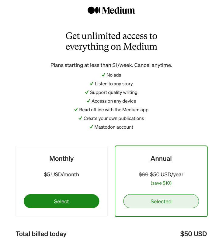Medium Pricing Page