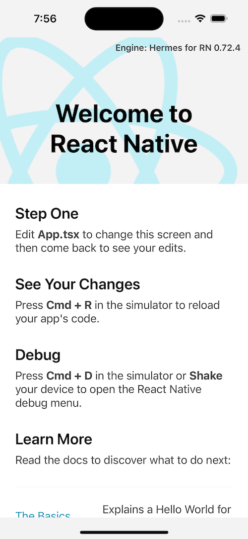 A New React Native Project Running on an iOS Device