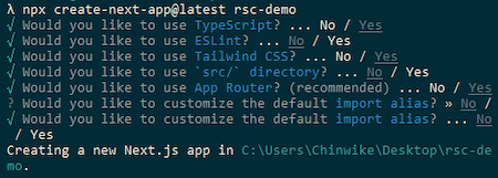 Developer Terminal Showing Configuration Selections For Next Js App Setup Including Opt In To App Router When Prompted