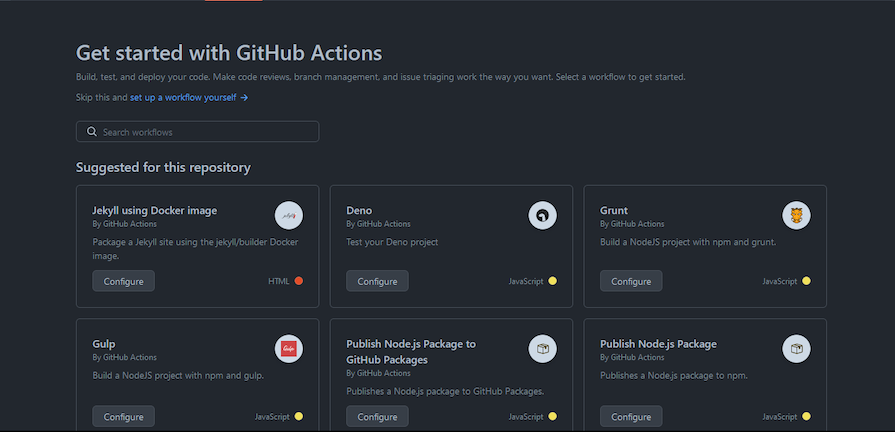 Get Started Page For Github Actions Showing How To Configure A Workflow From A Preset Or From Scratch