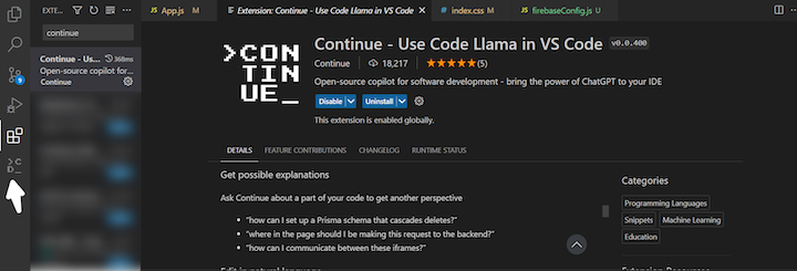 Confirming VS Code Continue Extension Installation